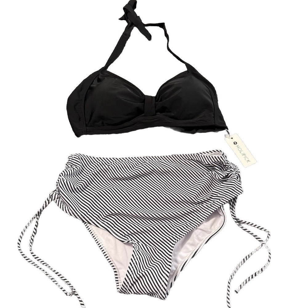 Holipick Women's L High Waisted Bikini Set Swimsuit Black‎ Top Striped Bottom